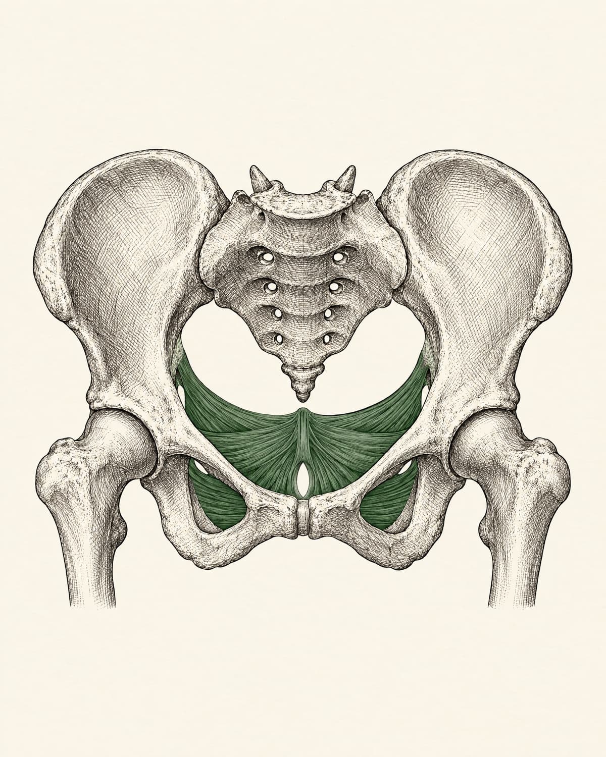Engraving-style illustration of the female pelvis with the pelvic floor muscles in green