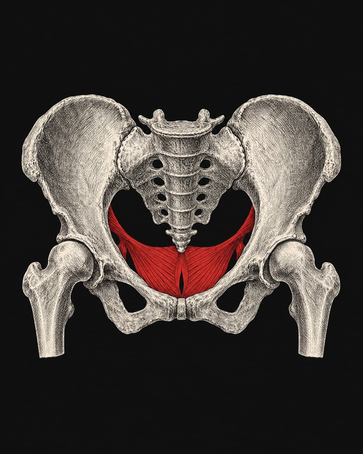 Engraving-style illustration of the male pelvis with the pelvic floor muscles in red