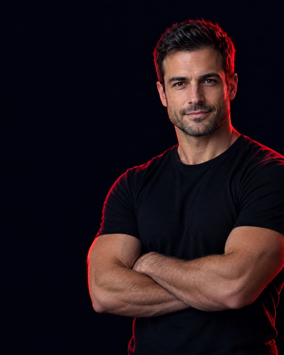 Fit man in a black t-shirt with arms crossed